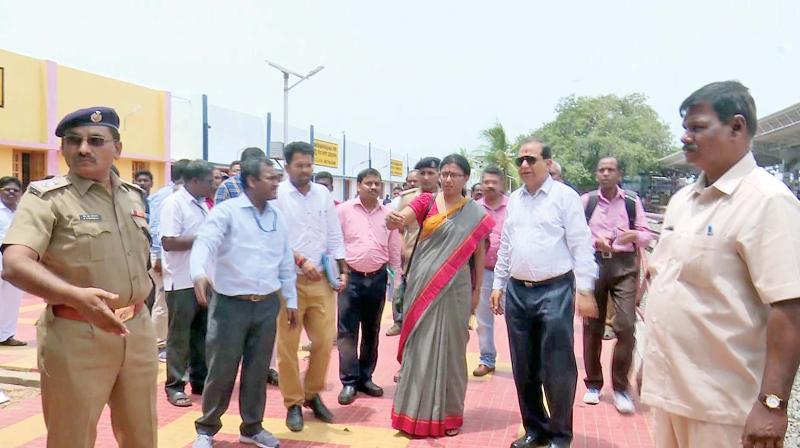 Southern Railway GM R.K. Kulsreshtha inspects the Rameswaram railway station on Friday. The Madurai DRM, Ms. Neenu Ittyerah is also seen among other officials. DC