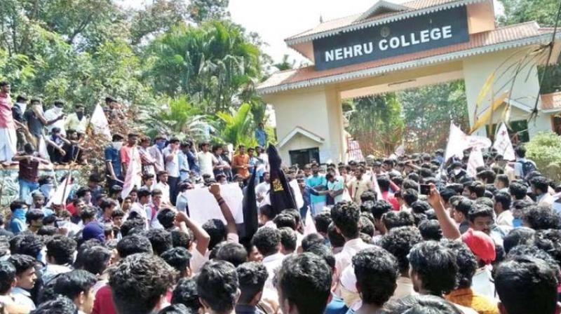 Students and activists of various student organisations hold protests on the campus of Nehru College of Engineering & Research Centre at Pampady on Monday.
