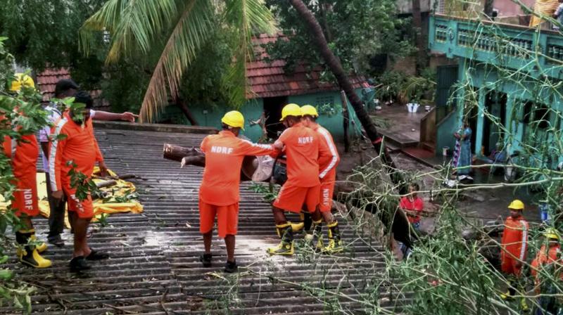 National Disaster Response Force (NDRF) personnel conducting relief operations in Cyclone Vardah hit Chennai city on Tuesday. (Photo: AP)
