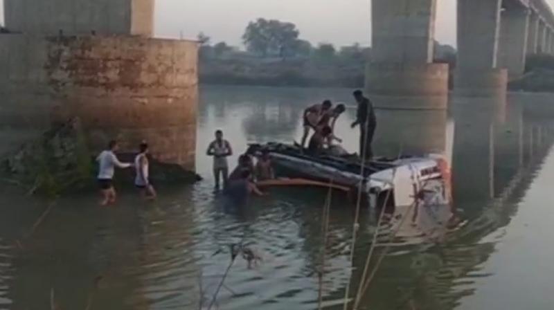 Twenty-seven people were killed and five others injured after a bus fell into Banas river in Rajasthans Sawai Madhopur district. (Photo: ANI/Twitter)