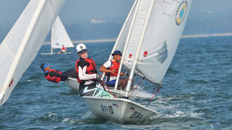 Participants in action on the third day of Indian Naval Academys Admirals Cup Sailing Regatta- 2016 at Ettikulam Bay, Ezhimala in Kannur on Friday.  (Photo: VENUGOPAL)