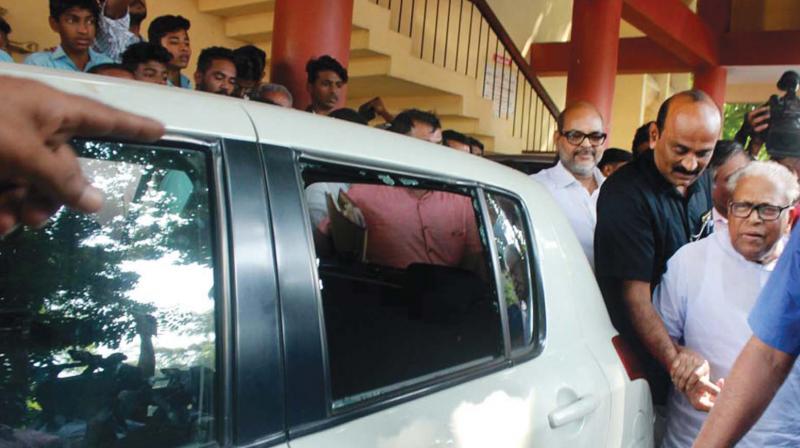 CPM leader V.S. Achuthanandan visits the CPM district committee office which came under attack in Palakkad on Friday.