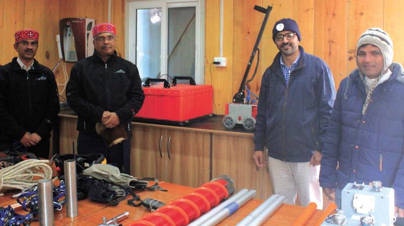 The laboratory facility at Himansh (from left to right):  Dr. M. Ravichandran, director, NCAOR; Dr M. Rajeevan, secretary to ministry of Earth Sciences, Dr Thamban Meloth, project director at NCAOR and Dr P. Sharma, leader of the Himansh station.