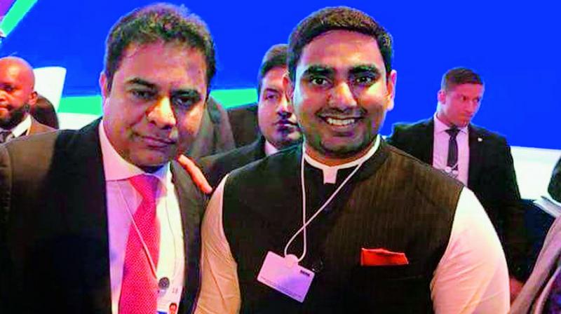 Telangana IT minister K.T. Rama Rao (left) and Andhra Pradesh IT minister Nara Lokesh  the sons of Telangana and AP Chief Ministers respectively, during the World Economic Forum meeting in Davos on Tuesday. (Photo: DC)