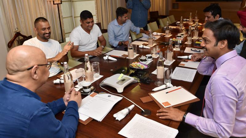 BCCI joint-secretary Amitabh Choudhary with Chief selector MSK Prasad, skipper MS Dhoni and other selection committee members at a meeting to pick the Indian ODI squad against New Zealand. (Photo: PTI)