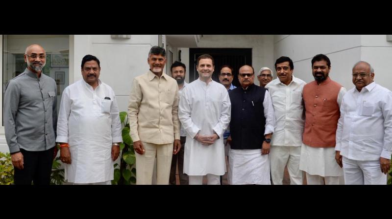 Andhra Pradesh Chief Minister, N. Chandrababu Naidu, TDP MPs Jayadev Galla, CM Ramesh and others meet Congress President Rahul Gandhi. (Photo: ANI | Twitter)