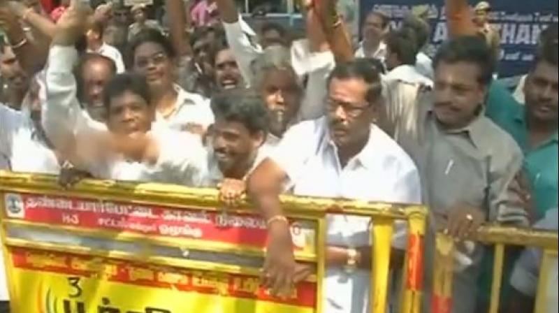 The demonstration was a counter-protest in response to Mondays protest by certain groups against the Tamil actor. (Photo: ANI)