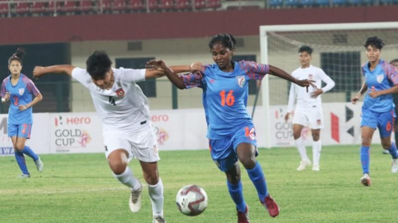 The India womens football team suffered their second defeat in the last round-robin match of the Hero Gold Cup as Myanmar ran away with a two-goal victory at the Kalinga Stadium on Wednesday. (Photo: Twitter / Indian Football Team)