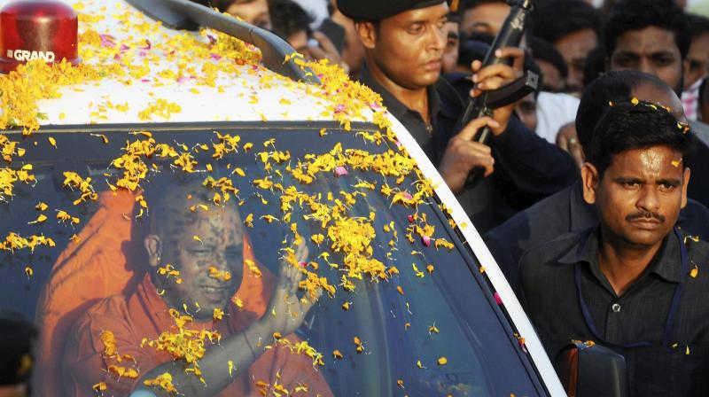 UP Chief Minister Yogi Adityanath arrives at his native place in Gorakhpur. (Photo: PTI)