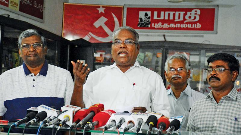 CPI (M) state secretary Balakrishnan addresses the media at his party office T Nagar following Union finance minister Piyush Goyal presenting the interim Budget in Parliament and criticised it. (Image DC)