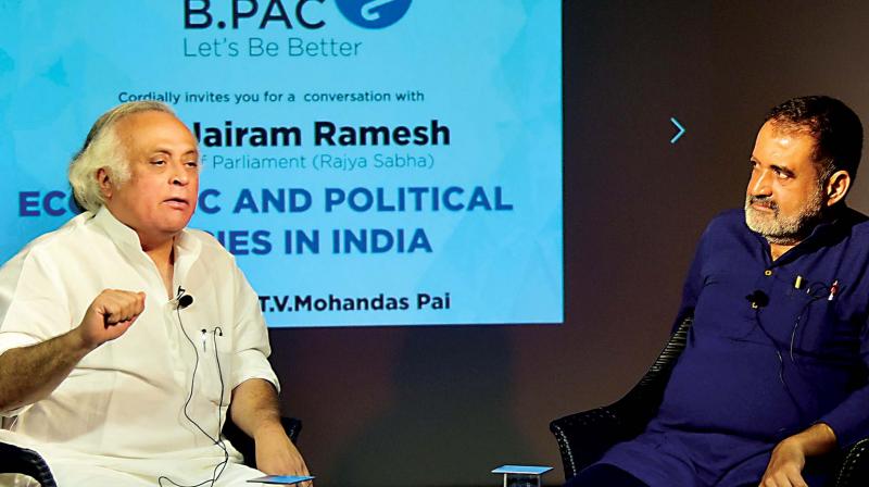 Senior Congress leader Jairam Ramesh in conversation with Manipal Global Education chairman T.V. Mohandas Pai on Economic and Political Policies of India, organised by B.PAC in Bengaluru on Saturday  (Photo: DC)