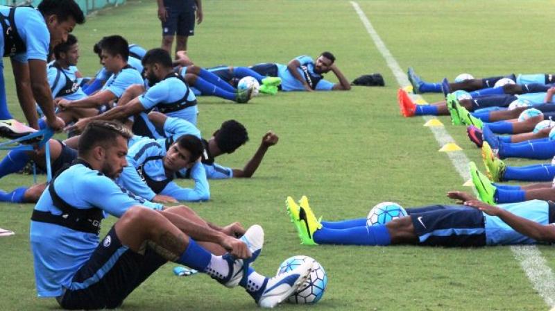 The Indian football team had their first practice session Sunday in Yangon and will be practicing at the match venue for an hour on Monday evening. (Photo: