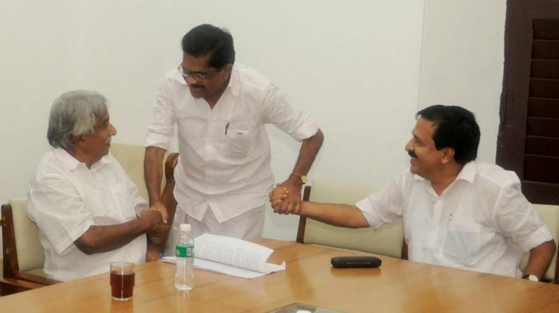 Former Chief Minister Oommen Chandy,  KPCC president V.M. Sudheeran and Opposition Leader Ramesh Chennithala at the Cantonment House to attend the UDF meeting on Monday. (Photo: A.V. MUZAFAR)