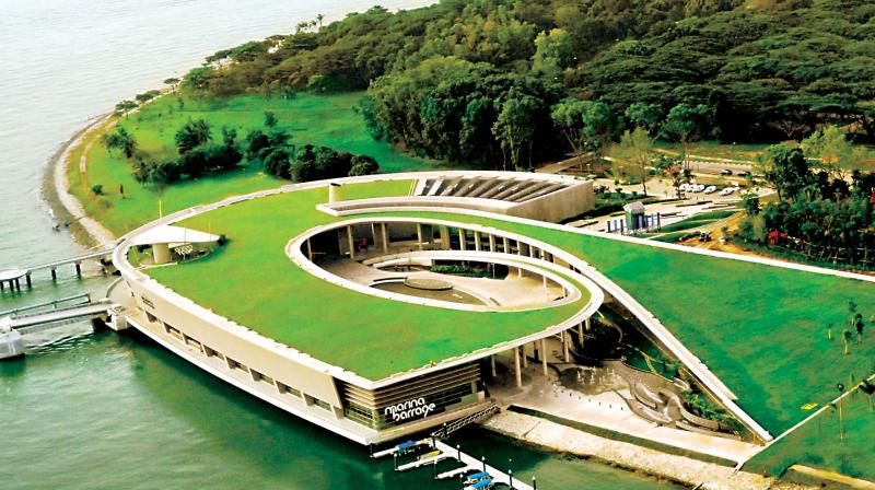 MODEL TO EMULATE? Marina Barrage Singapore provides water storage, flood control and recreation. It is a dam built at the confluence of five rivers, across the Marina Channel between Marina East and Marina South.