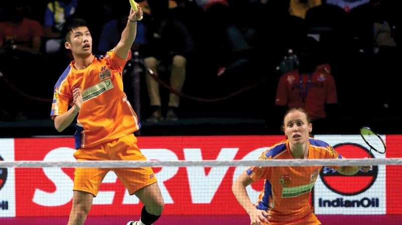 Ahmedabad Smash Masters Law Cheuk Him and Kamilla Rytter Juhl in action against Mumbai Rockets Lee Yong Dae and Gabriela Stoeva in their PBL match in Chennai.
