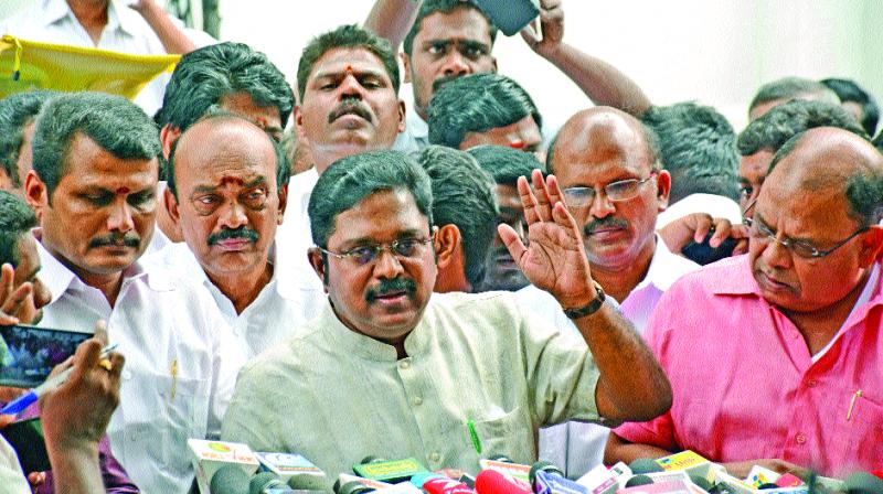 Rebel MLA T.T.V. Dhinakaran stages a walkout and meets media at the Tamil Nadu Assembly on Tuesday (Photo: DC)