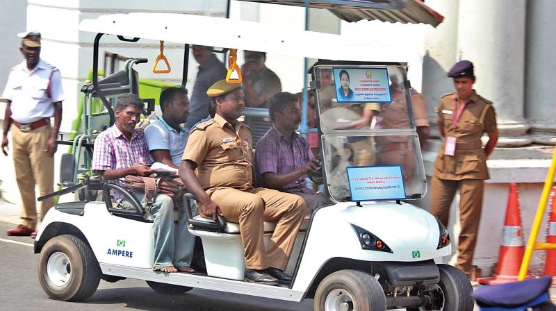 Differently abled on Monday travel in a battery operated car introduced by Chief Minister Edappadi K. Palanisami recently at the secretariat. (Photo: DC)