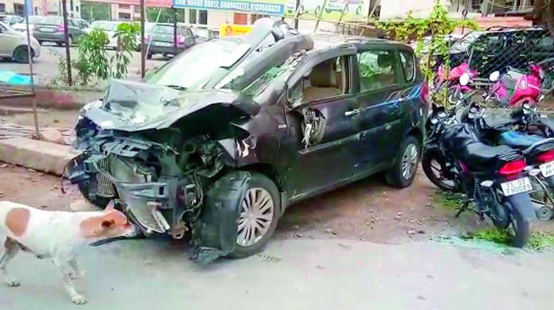 A car driven by a drunk engineering student went out of control in LB Nagar injuring three persons and damaging three bikes.