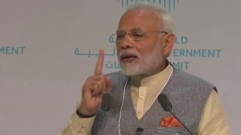 Prime Minister Narendra Modi gives a speech at the World Government Summit in Dubai, United Arab Emirates. (Photo: ANI)