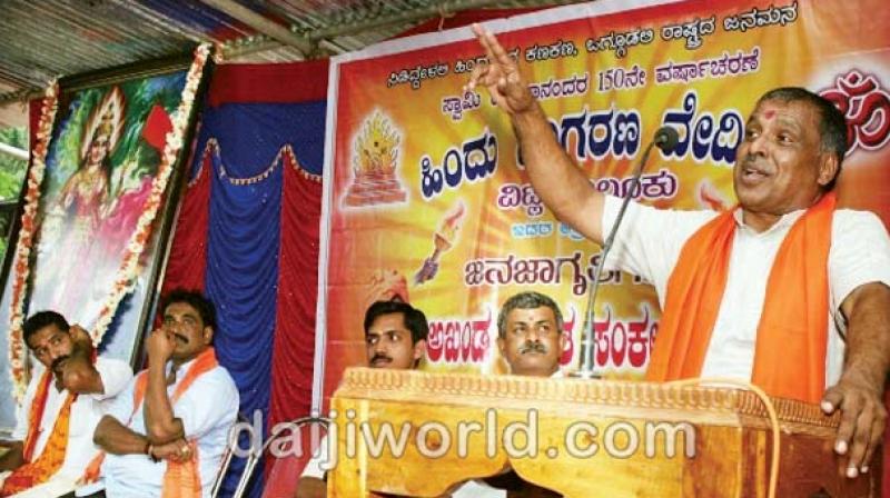 A file photo of state Hindu Jagarana Vedike convener Jagadish Karanth addressing a gathering in Mangaluru