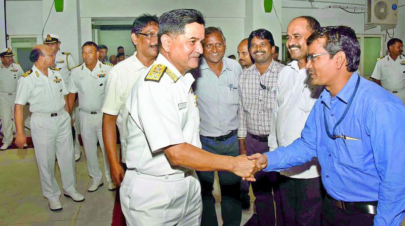 Commander-in-Chief of ENC, Vice-Admiral H.C.S. Bisht interacts with the staff after inaugurating the Technical Building at Materials Organisation at  ENC in Vizag on Thursday.  (Photo: DECCAN CHRONICLE)