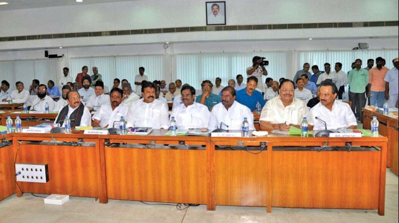 The DMK delegation at the all-party meet on the Cauvery issue held at the secretariat on Thursday.	 DC
