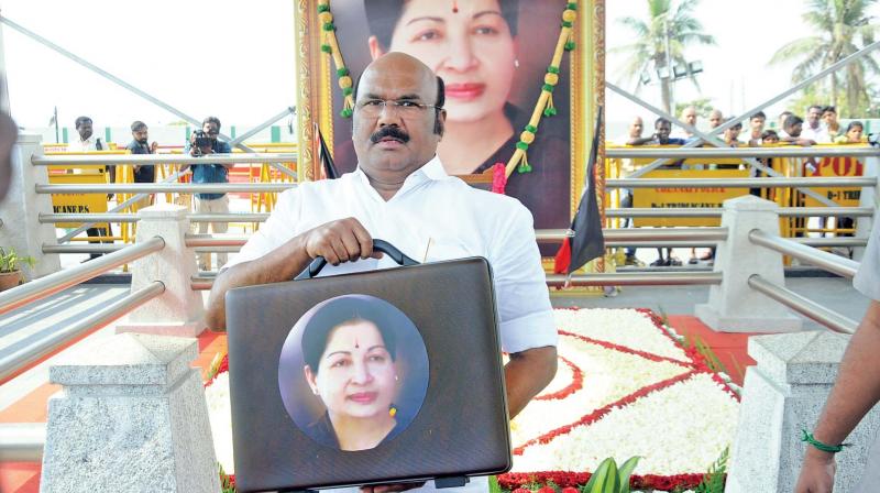 Finance minister D. Jayakumar at late Chief Minister J. Jayalalithaas memorial, before presenting the budget on Thursday. (Photo: DC)