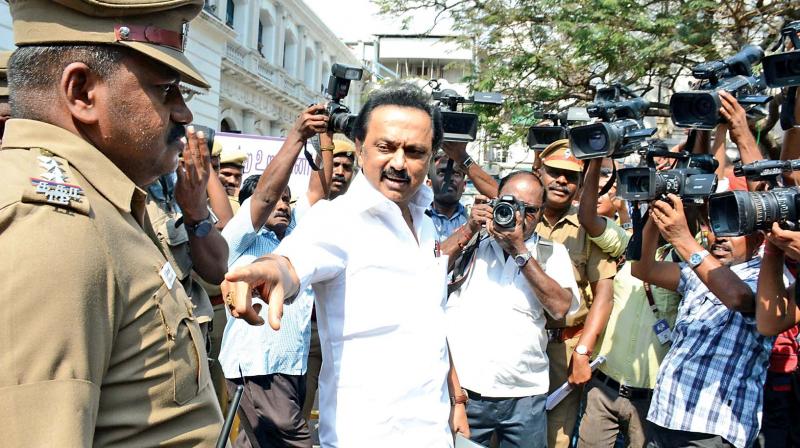 Opposition leader M.K. Stalin enquires about the presence of a large  contingent of police at secretariat on Thursday. (Photo: DC)