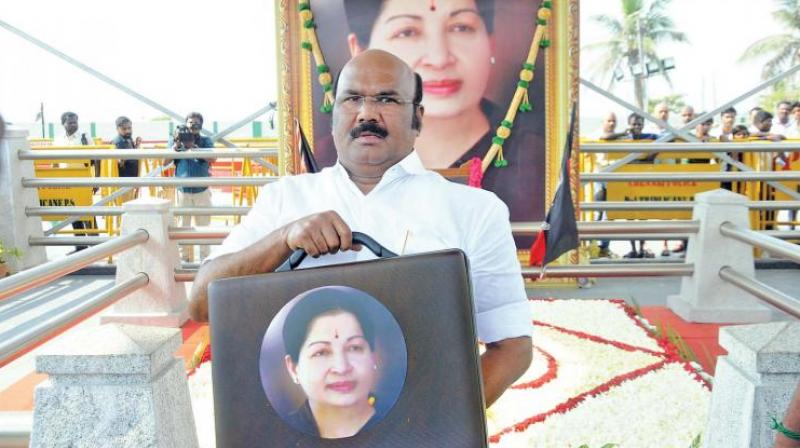 Finance minister D. Jayakumar at late Chief Minister J. Jayalalithaas memorial, before presenting the budget on Thursday. (Photo: DC)