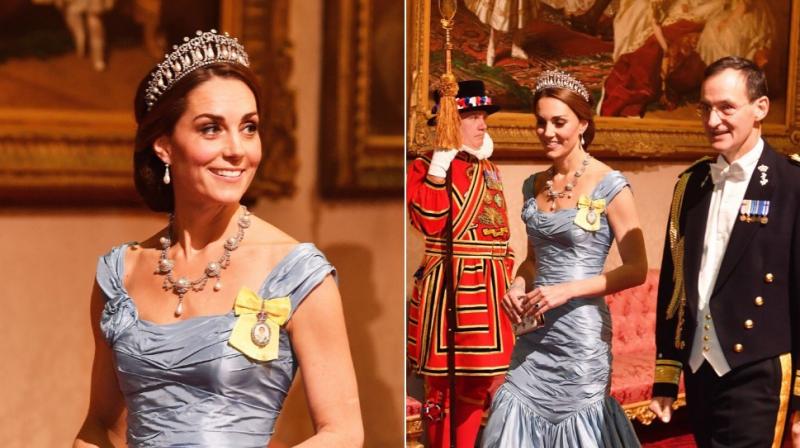 Kate glitters in Dianas diamond Cambridge Lovers Knot tiara at state banquet