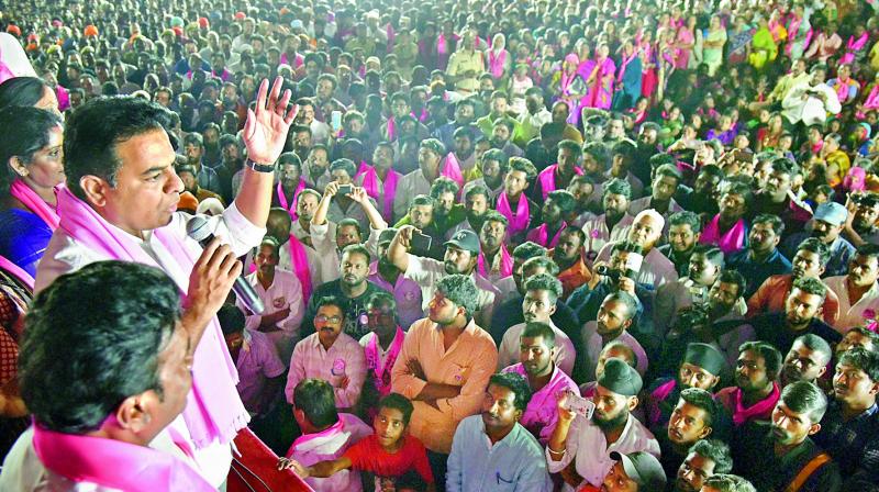 Caretaker minister K.T. Rama Rao campaigns at Ameerpet in Sanathnagar  constituency.  	 S. Surender Reddy