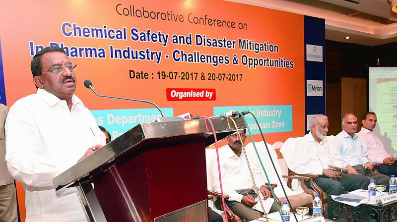 Labour and employment and factories minister Pithani Satyanarayana speaks in a seminar on Chemical Safety and Disaster Mitigation in Pharma Industry: Challenges and Opportunities in Visakhapatnam on Wednesday. (Photo: DC)