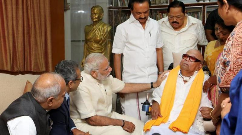 Prime Minister Narendra Modi on Tuesday described DMK president M Karunanidhi as a deep-rooted mass leader who stood for regional aspiration and national progress and will travel to Chennai tomorrow morning to pay his last respect. (Photo: PTI)