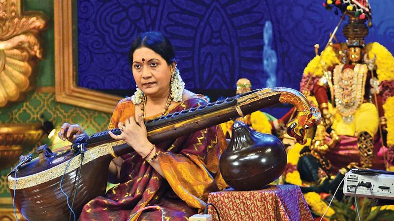 Veena exponent Revathy Krishna performs at Chennaiyil Thiruvaiyaru at Kamaraj Hall in the city on Thursday. (Photo: DC)