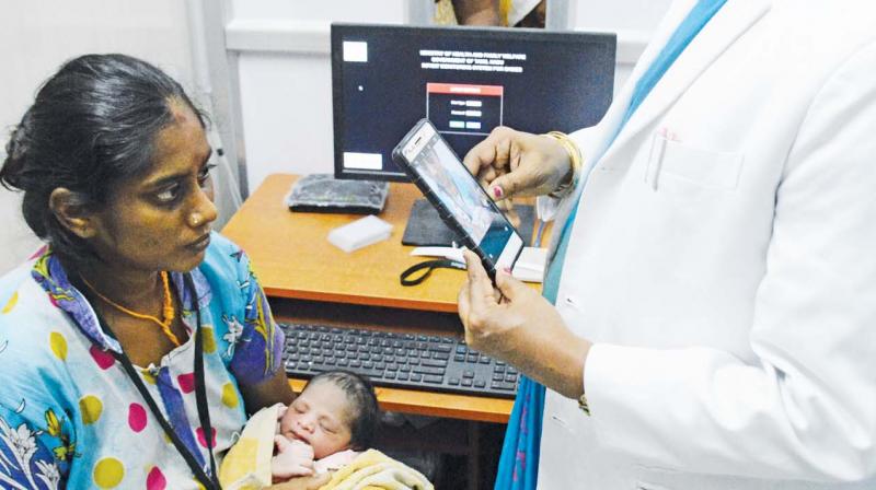 Dr K. Vasanthamani, dean, Kilpauk Medical College,  taking a picture of a baby with mom. (Photo: DC)