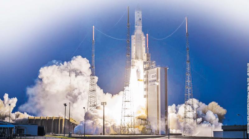 Ariane-5 rocket lifts off with GSAT-31 and other satellites from Kourou in French Guiana on Wednesday.