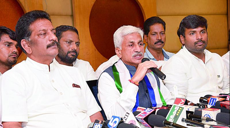 Rajya Sabha member and YSRC general-secretary V. Vijay Sai Reddy addresses during a meeting at a hotel in Visakhapatnam on Wednesday.