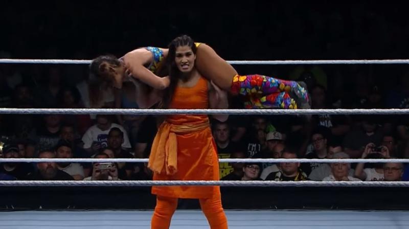 A major success story from WWEs global talent recruiting efforts is Kavita Devi of Haryana, who was discovered at WWEs first open tryout in Dubai in April 2017. (Photo: Screengrab)