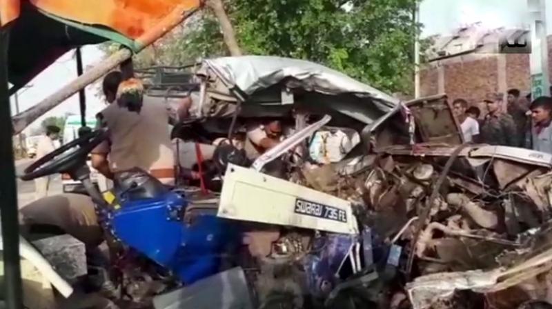 The sand-landed tractor-trolley hit the overloaded jeep ferrying the family of 20 from Gwalior to Morena to attend the last rites of their relative at a cross road near Ganjrampur village. (Photo: Twitter | ANI)