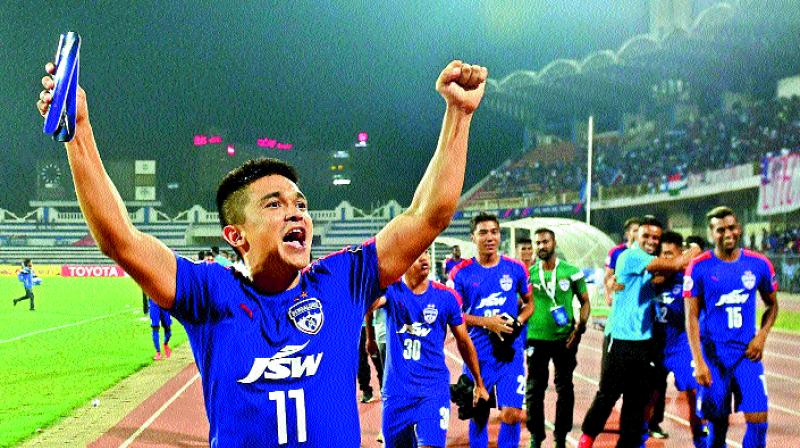 Bengaluru F.C. captain Sunil Chhetri celebrates his teams win against Johor Darul TAZIM (MAS) during the AFC Cup 2016 Knock out match at Kanteerava Stadium in Bengaluru