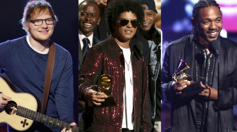 Ed Sheeran was also present for the Grammys while Bruno Mars and Kendrick Lamar pose with their trophies. (Photo: AP)