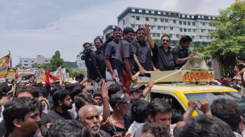 Rally being held by expelled DMK leader MK Alagiri and his supporters to the Karunanidhi memorial at Marina Beach in Chennai. (Photo: Twitter | ANI)