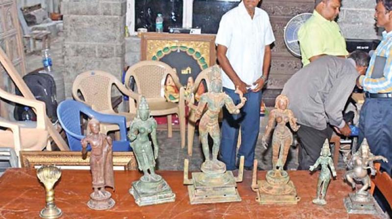 Some of the idols which went  missing from ancient temples recovered by Idol Wing police.  (File photo)