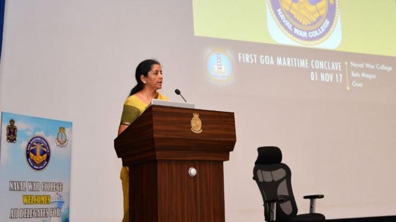 Defence minister Nirmala Sitharaman speaking at the Goa Maritime Conclave - 2017 at Dabolim on Wednesday. (PIB | Twitter)