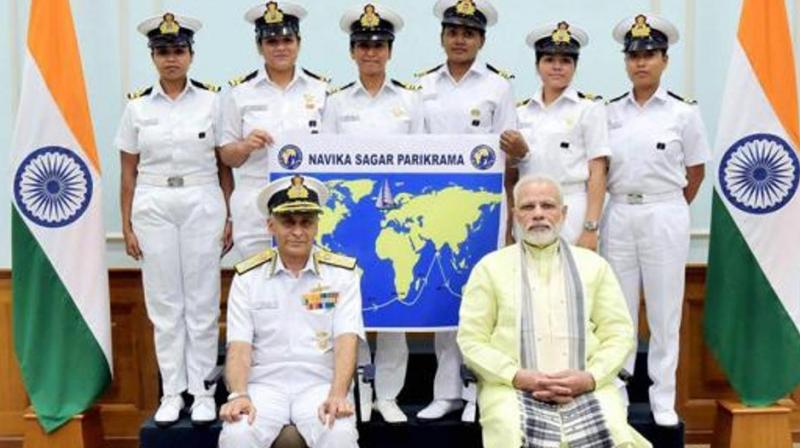 Prime Minister Narendra Modi with the six women officers of the Indian Navy who are expedition of circumnavigating the globe on the sailing vessel INSV Tarini in New Delhi on August 16, 2017. (Photo: PTI | File)