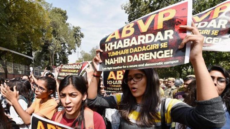 Students and teachers of Delhi University, JNU and Jamia during their protest march against ABVP at North Campus in New Delhi. (Photo: PTI)