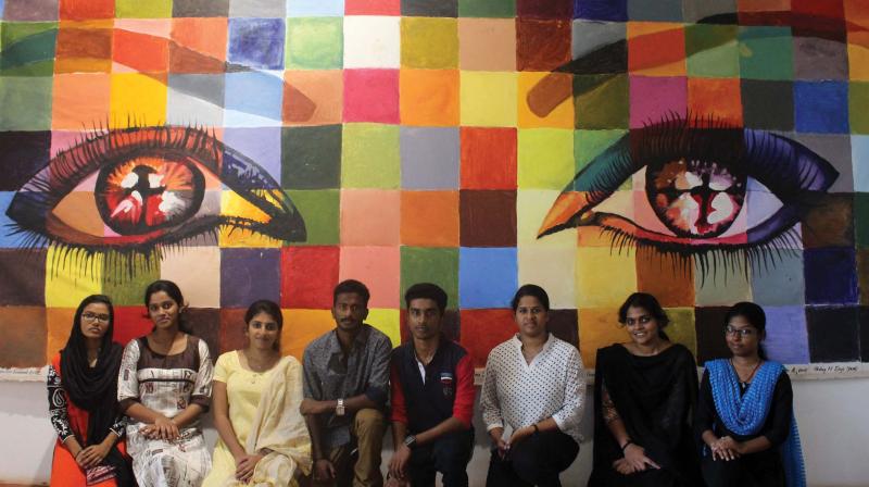 From left: Rishla, Anitta, Abhirami R.K., Gautham, Bineesh, Nila, Lakshmi, Abhirami Baiju were among the artists who showcased their works at the exhibition.