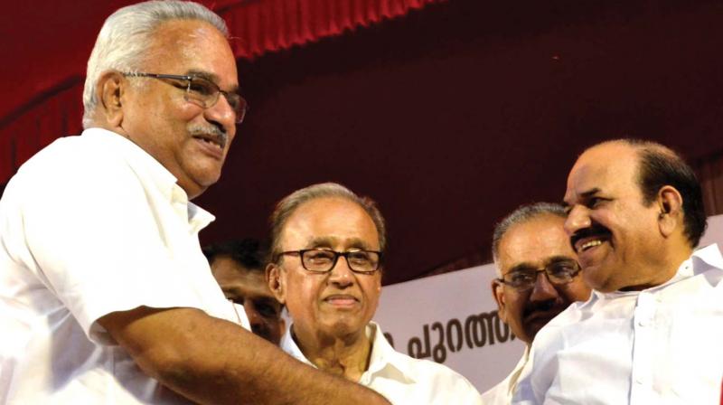 Kerala Samrakshna Yatra north zone leader Kanam Rajendran, CPI general secretary Sudhakar Reddy and Jatha south zone leader Kodiyeri Balakrishnan during the inauguration of the Jatha in Thiruvananthapuram on Friday.(Peethambaran Payyeri)