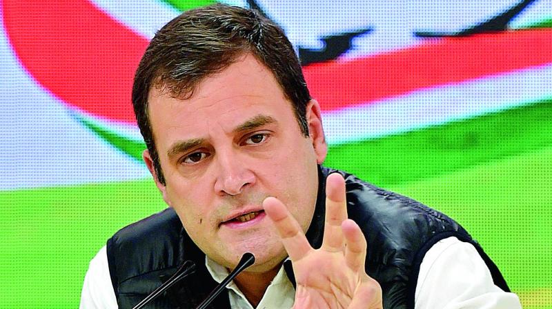 Congress president Rahul Gandhi addresses a press conference in New Delhi on Thursday.  (PTI)