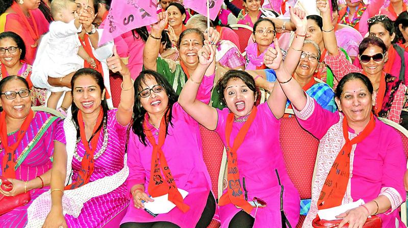 Women are seen in a cheerful mood during caretaker IT minister KT Rama Raos meeting with Gujarati community at Telangana Bhavan on Sunday. (Photo: Gandhi)